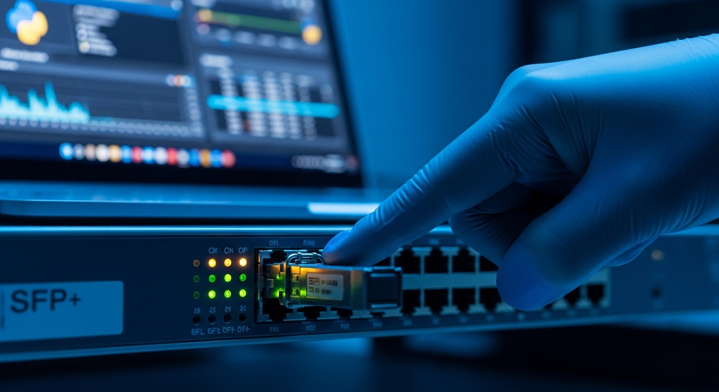 Photorealistic close-up of an enterprise network switch front panel with an SFP+ transceiver inserted; a technician’s gloved 