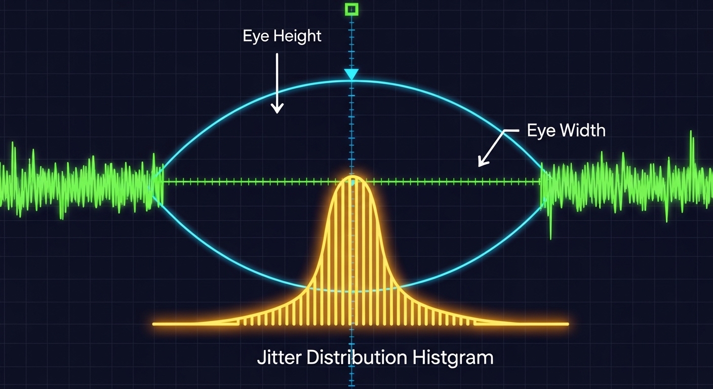 Illustration-style concept art showing an oscilloscope screen with an eye diagram overlay, labeled arrows pointing to eye hei