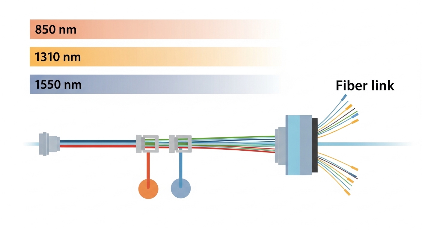 Clean-room style illustration showing wavelength and power budget layers: a color-coded diagram with 850 nm, 1310 nm, and 155