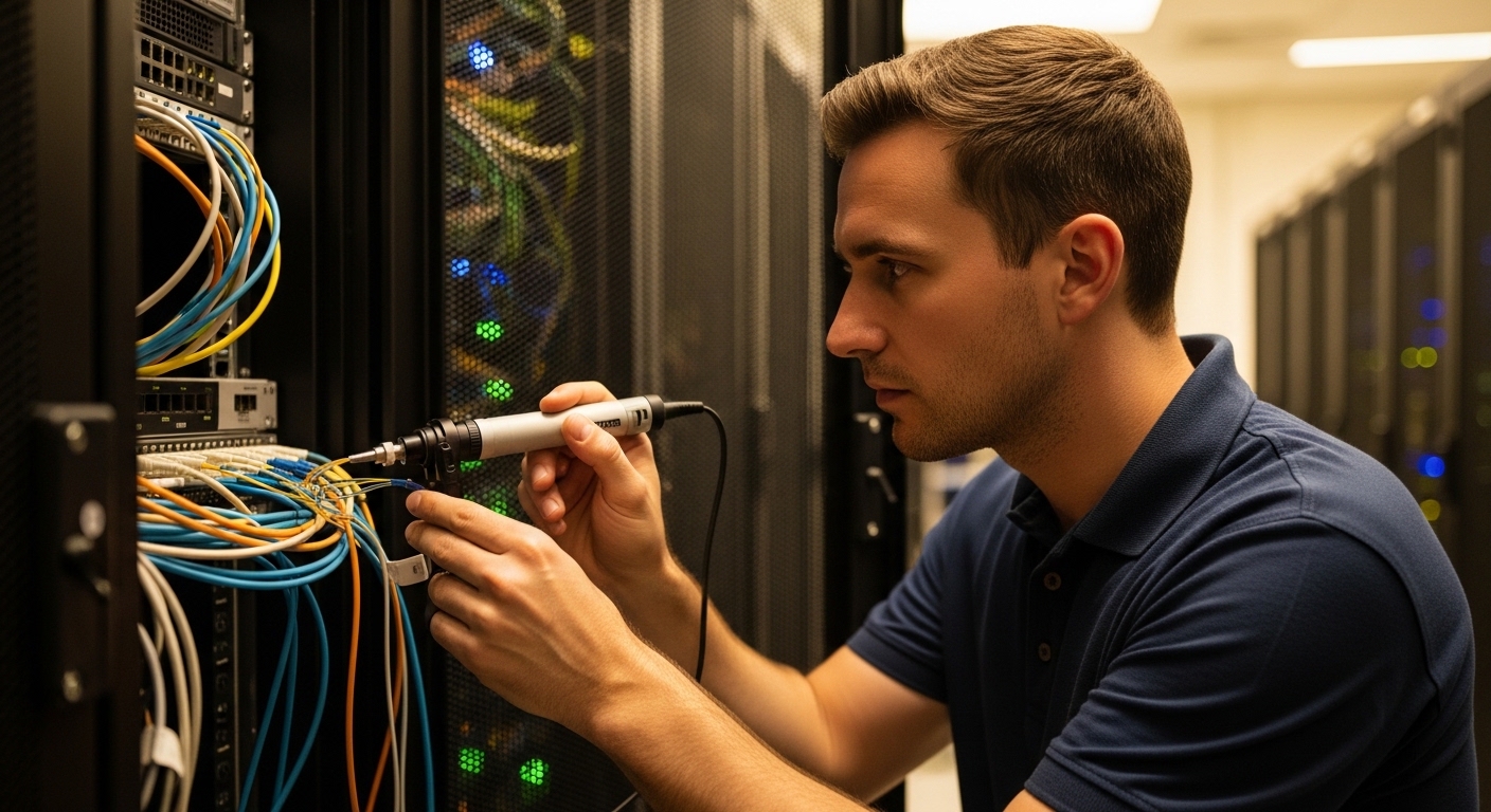 Lifestyle-style photography of a network operations engineer in a server room, leaning over an open rack while holding a smal