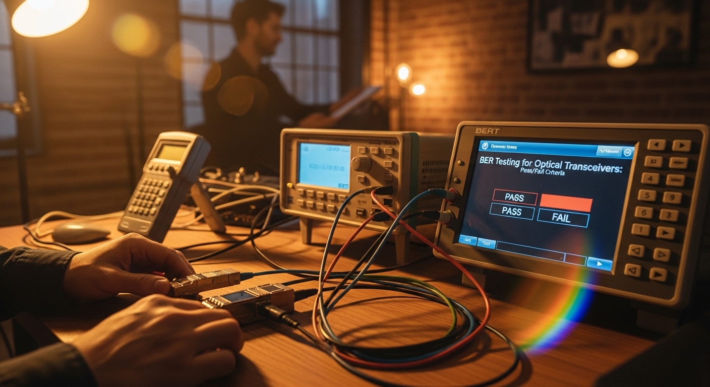 Lifestyle scene featuring optical BER measurement, BER Testing for Optical Transceivers: Pass/Fail Criteria, warm ambient lig