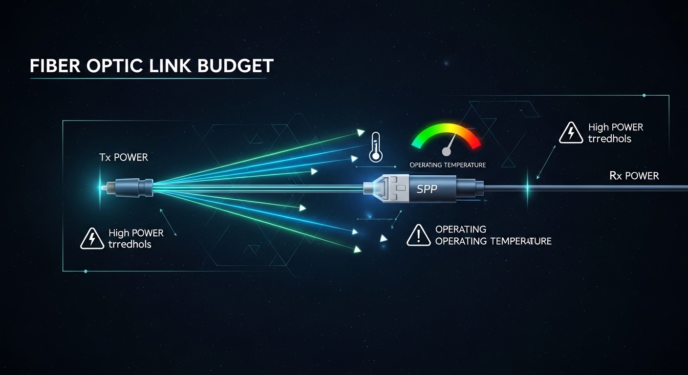 Concept art style diagram of a fiber link budget; beams labeled Tx power and Rx power, a temperature gauge near an SFP module