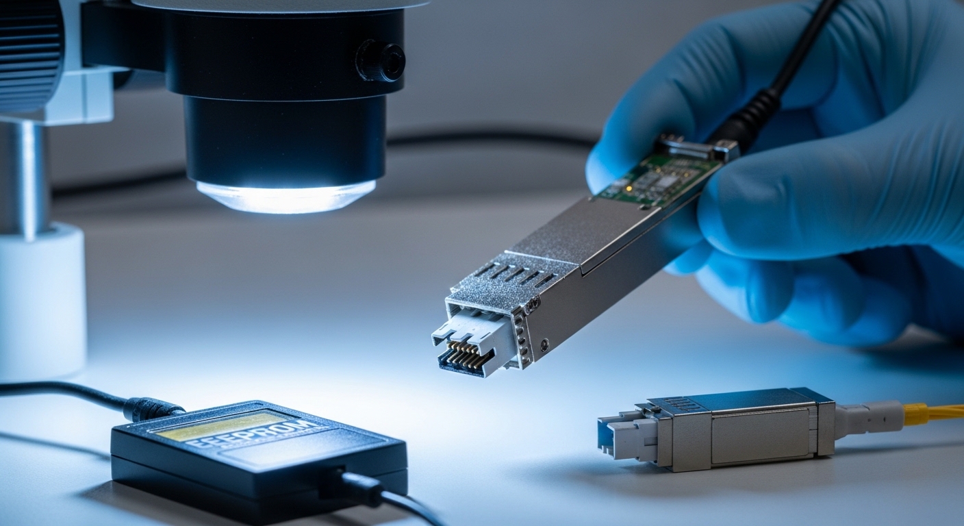 Macro photography style. A close-up of a fiber-optic transceiver module on a lab bench, with gloved hands holding the metal h