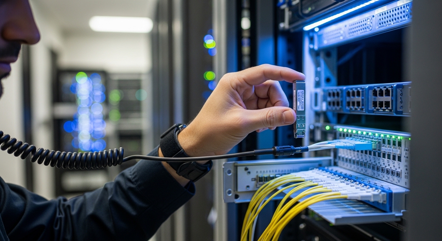 A high-resolution lifestyle photo of a network operations engineer in a server room wearing ESD wrist strap, holding a 10G SF