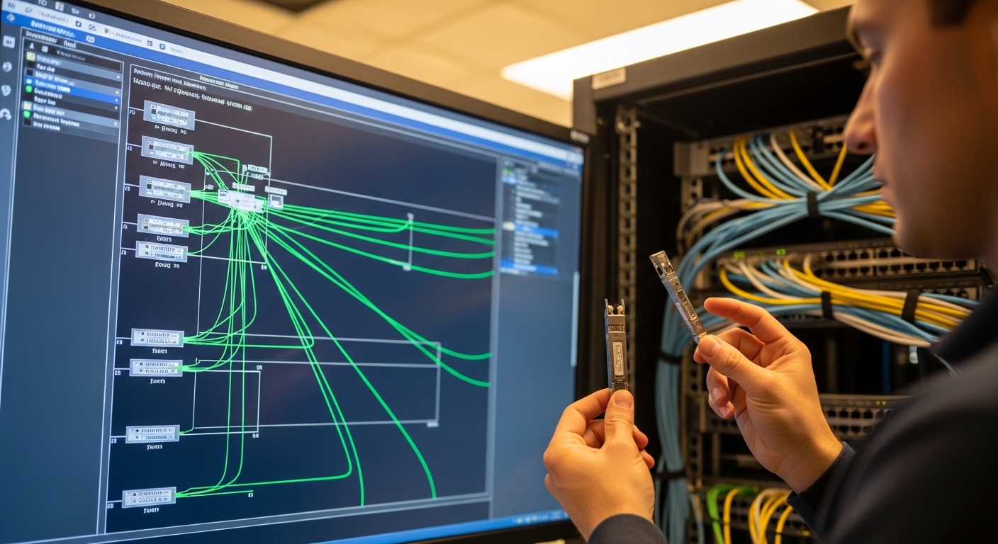 Photorealistic scene of a network operations center wall monitor showing a rack diagram with highlighted fiber links, a techn