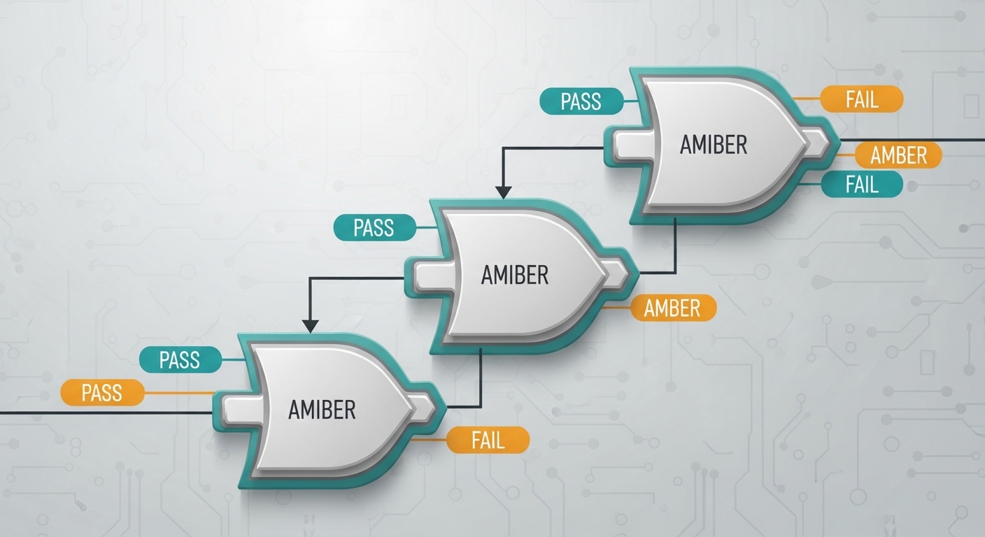 Concept art style. A layered “supply chain security” diagram showing a transceiver module icon moving through gates labeled “