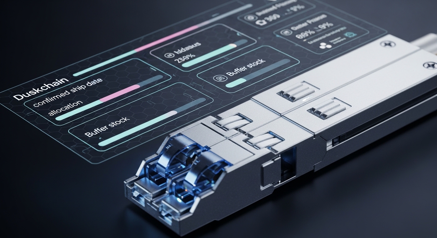 Concept art style illustration showing a supply-chain dashboard overlay on top of a fiber transceiver close-up; visual elemen