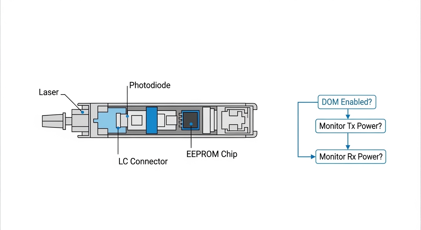 Engineering illustration showing a cross-section of a fiber optic transceiver with labeled components (laser, photodiode, LC 