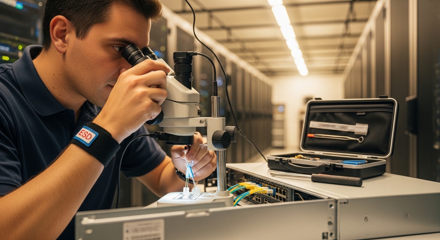 Lifestyle scene style. A field engineer in a server room wearing an ESD wrist strap inspecting fiber connectors with a handhe
