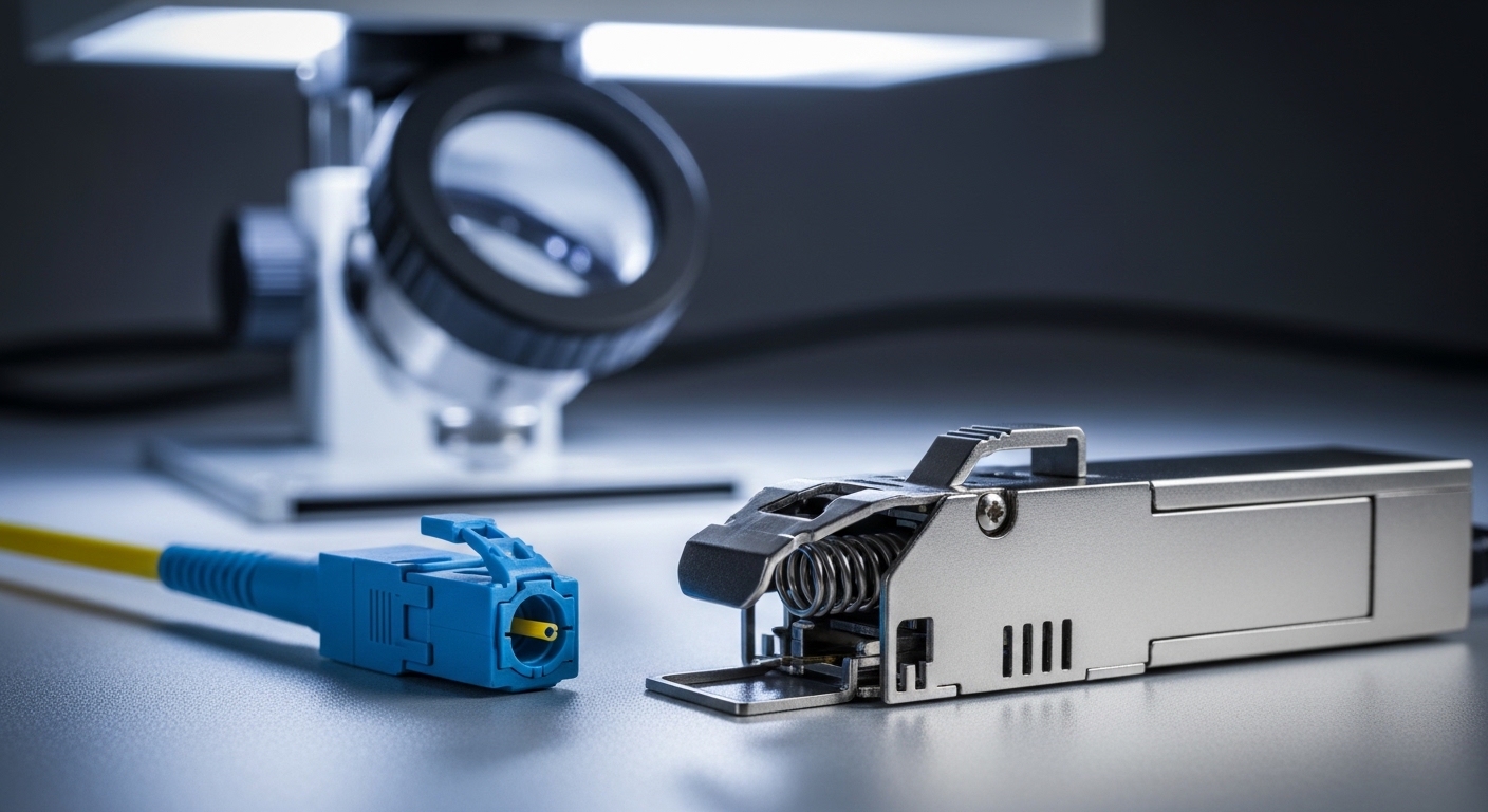 High-detail macro photography of an LC fiber connector endface and an optical transceiver latch mechanism on a workbench; inc