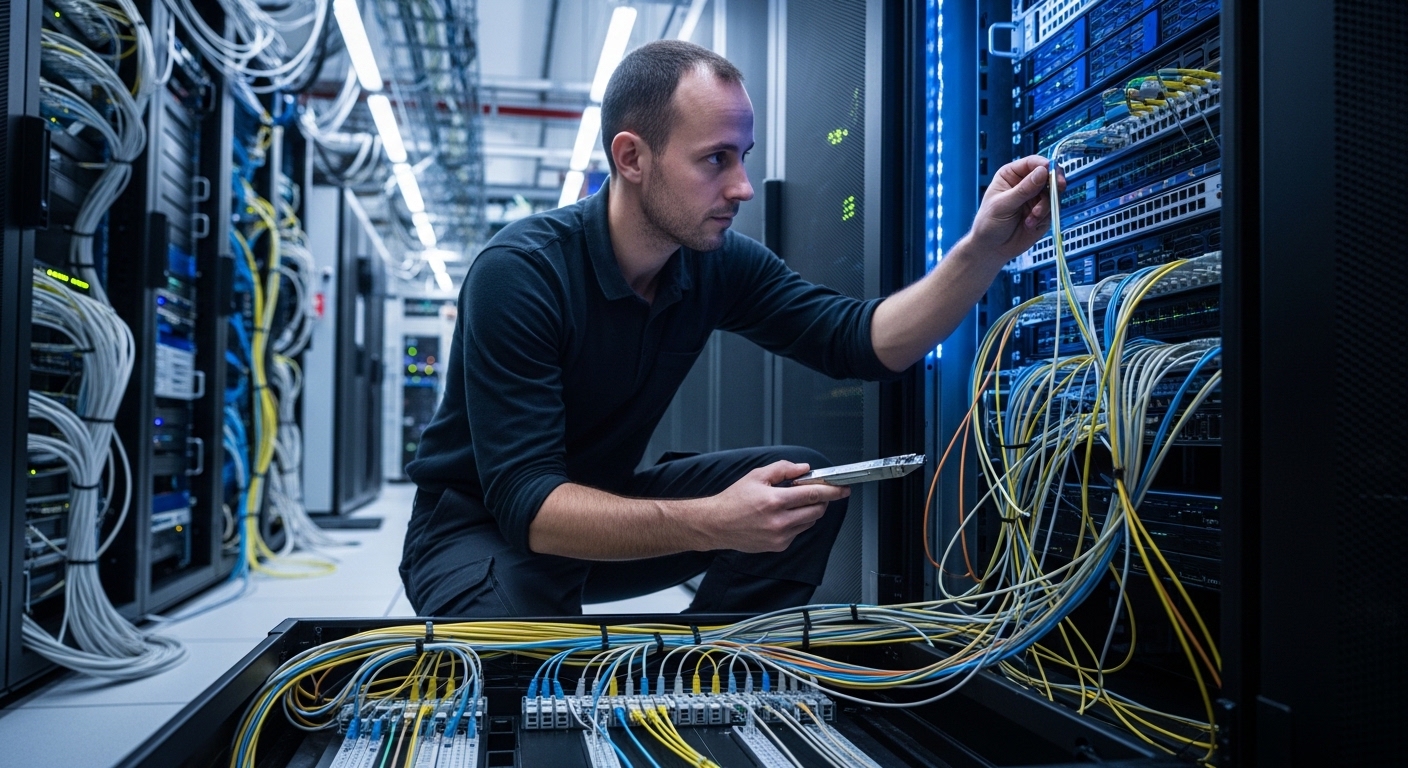 Lifestyle documentary photo of a field engineer kneeling beside a fiber patch panel in a server room, labeling LC connectors 