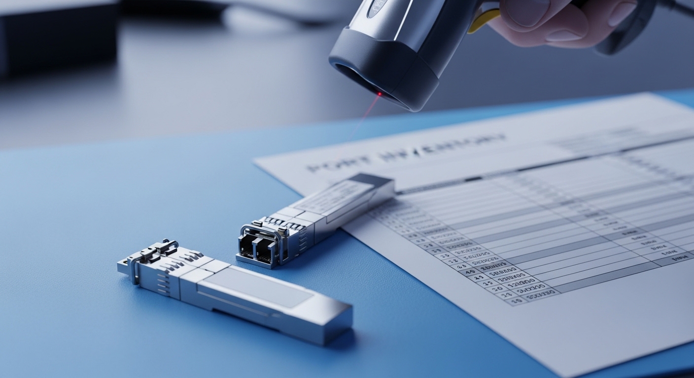 Photorealistic close-up of two pluggable optical transceivers on an antistatic mat next to a printed port inventory sheet; a 