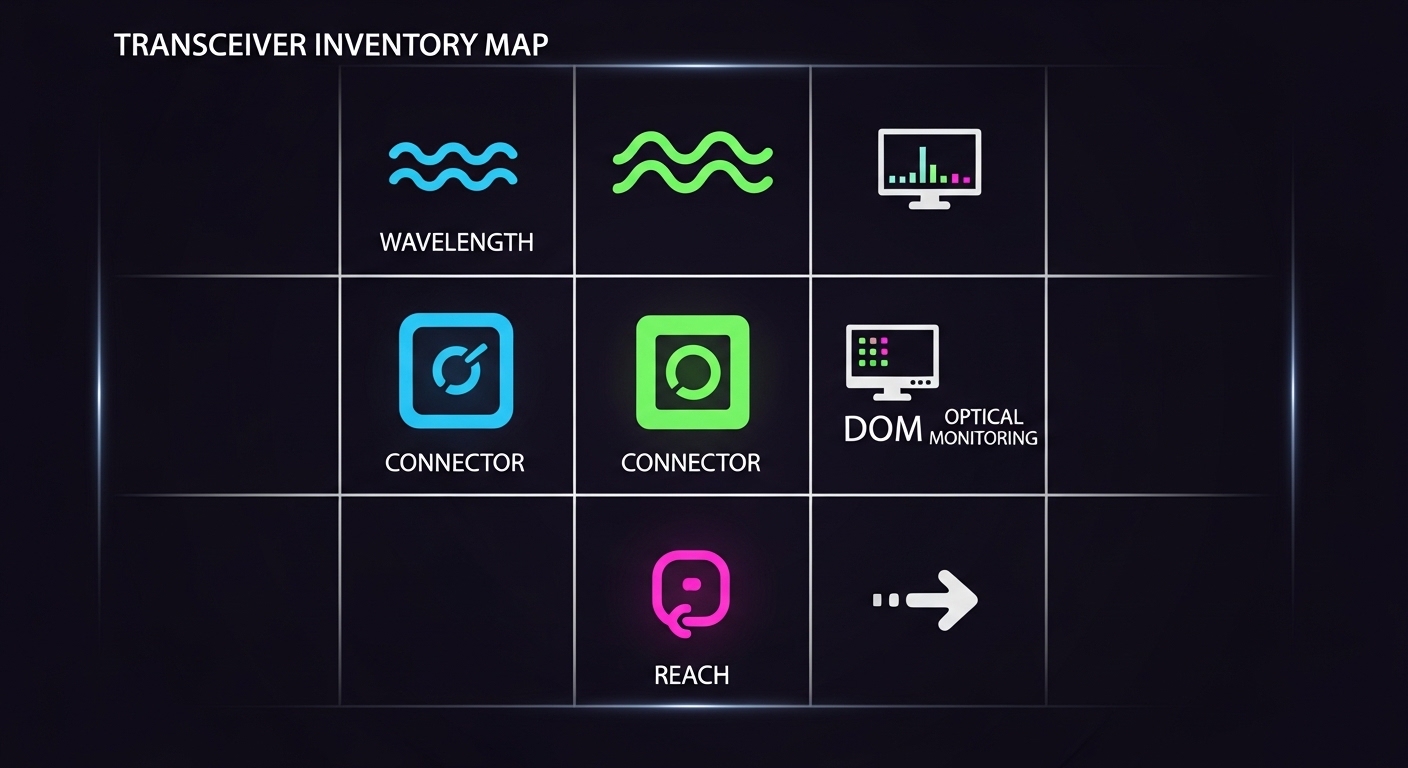 Minimalist vector illustration showing a transceiver “inventory map” grid with icons for wavelength, connector, DOM, and reac