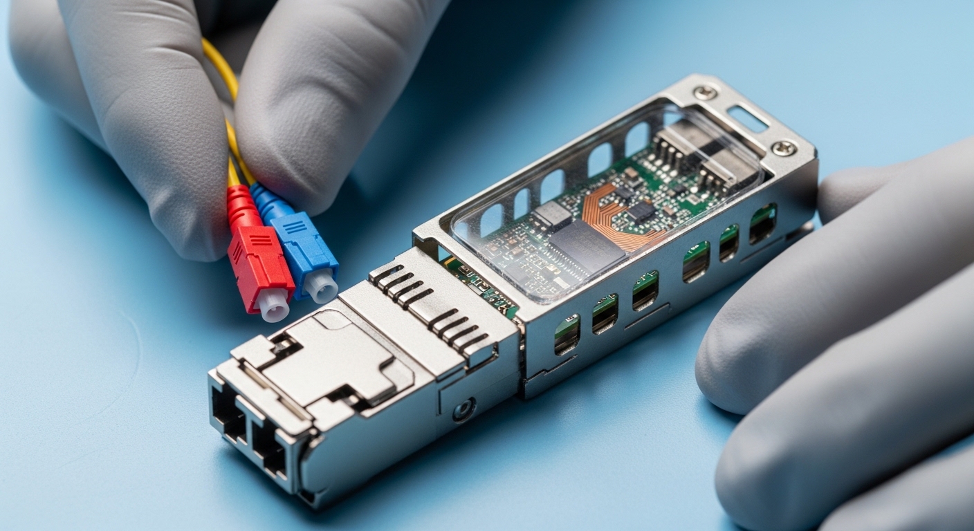 Macro photography of a small optical transceiver module on an antistatic mat, with a gloved technician’s hands holding fiber 