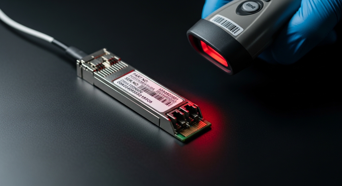 A macro product-photography scene of a fiber-optic transceiver module on a dark matte bench, showing the label and serial num