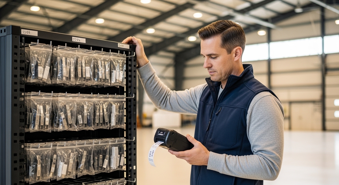 Aircraft-hangar style lifestyle scene of an on-call network engineer in a clean vest holding a handheld label printer, standi