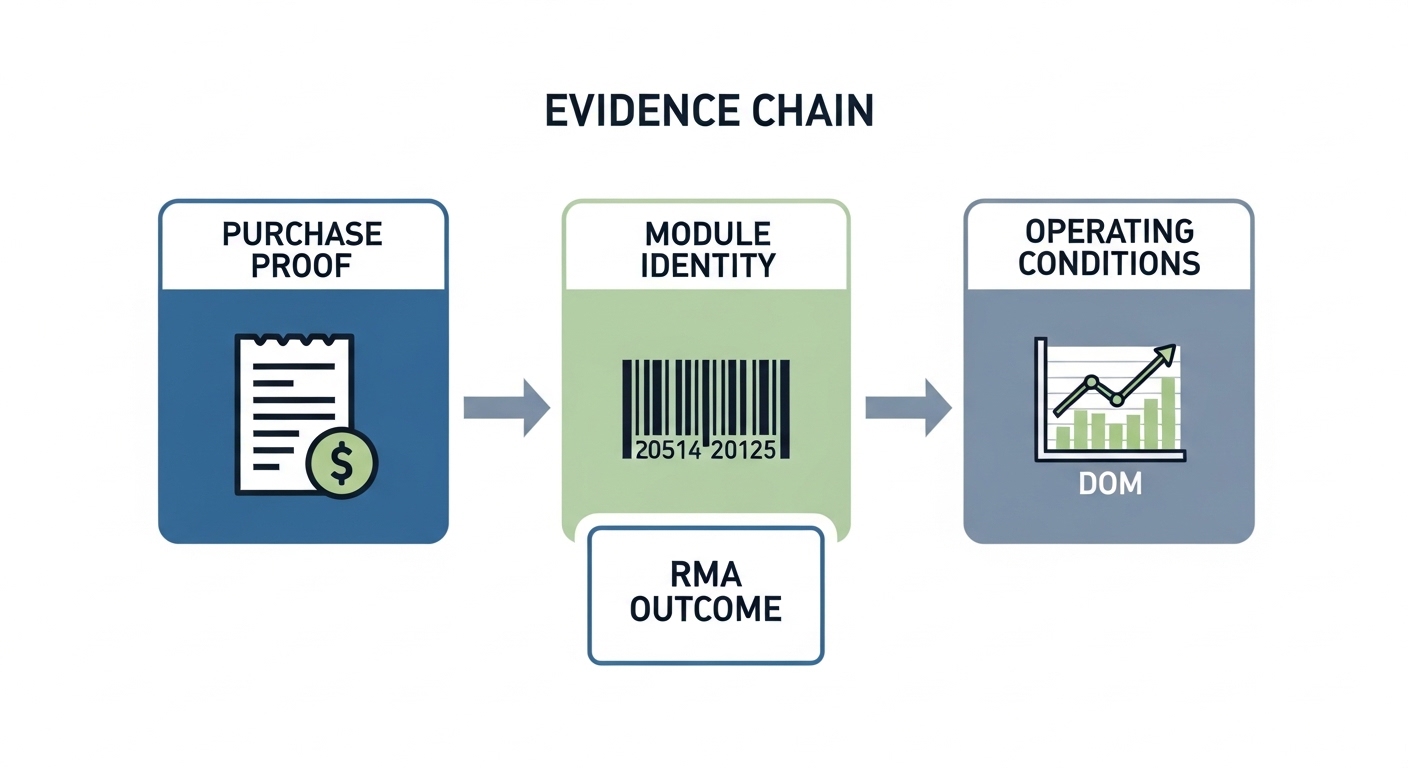 An infographic-style illustration showing a three-column “Evidence Chain” diagram: Purchase Proof, Module Identity, Operating