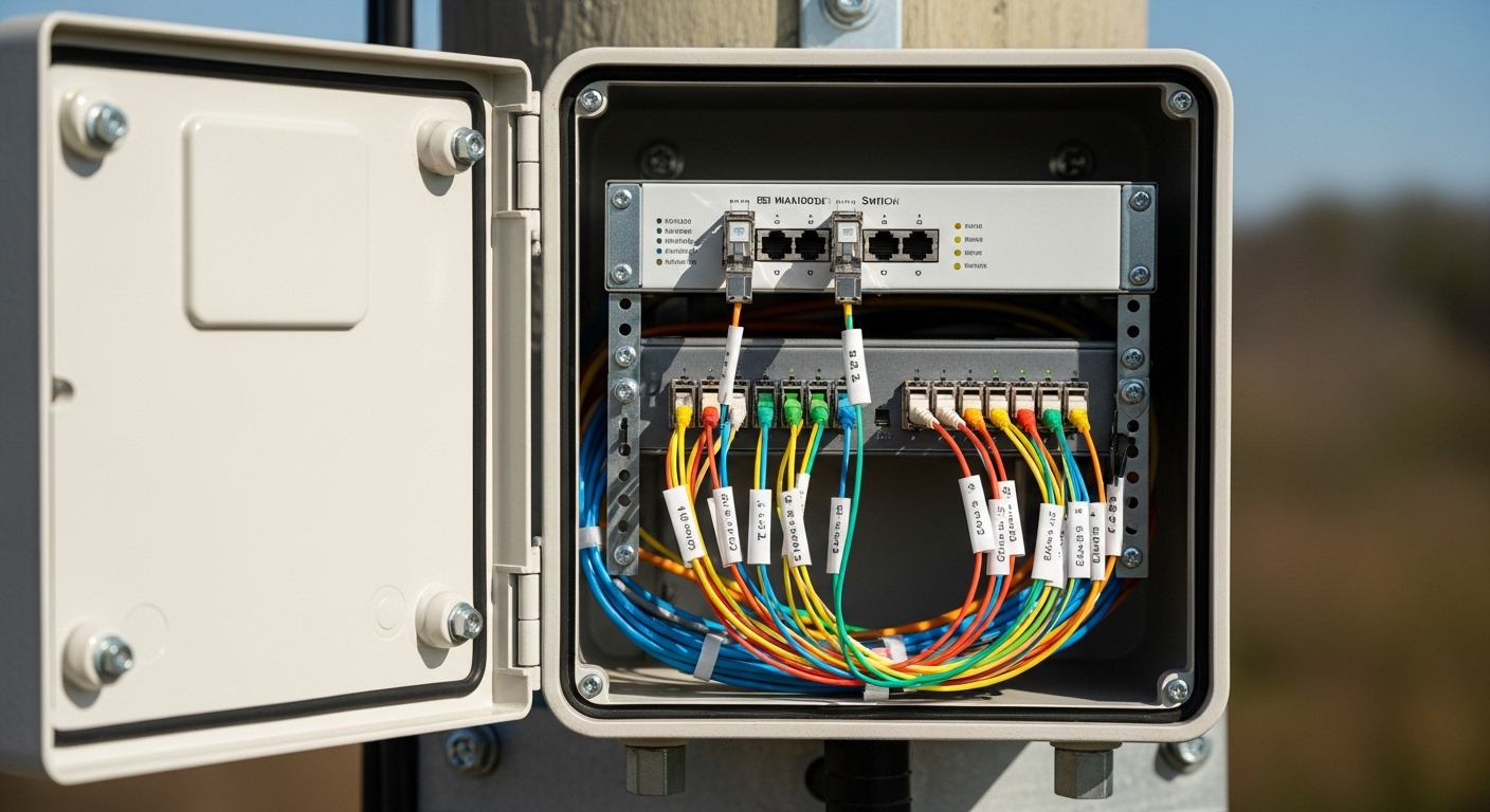 Close-up photography of an open outdoor fiber enclosure on a utility pole, showing a rack-mounted small managed switch with t