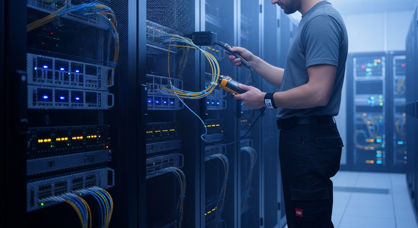 Photorealistic lifestyle scene inside a server room at blue-hour lighting: racks with glowing status LEDs, a technician weari