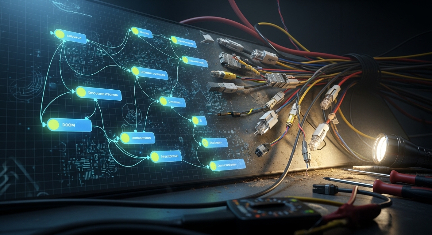 Concept art style scene of a split-screen “forensic timeline” showing a clean, glowing DOM graph on one side and a messy cabl