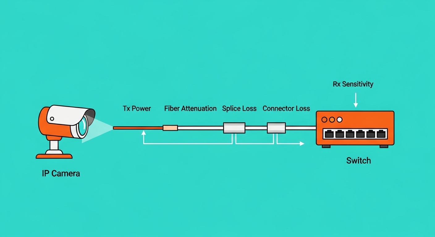 Concept art illustration of a simplified optical link budget diagram, showing an IP camera at the left sending light through 
