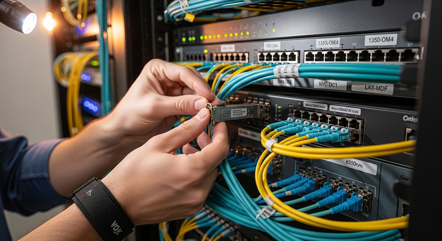 A high-resolution photography scene inside an enterprise network closet: a rack-mounted router with an SFP+ cage visible, fib