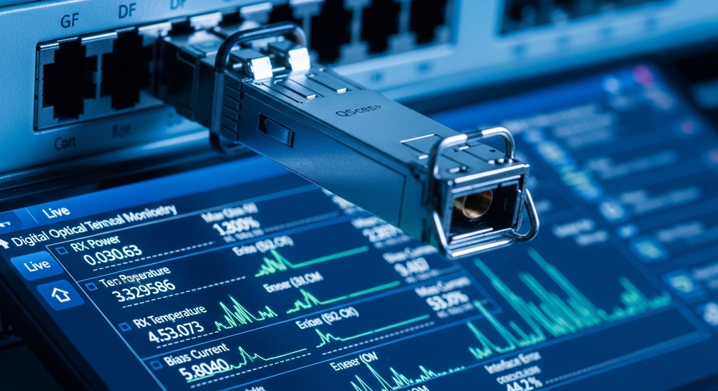 Ultra-realistic close-up photography of a QSFP+ optical transceiver plugged into a network switch port, with a laptop screen 