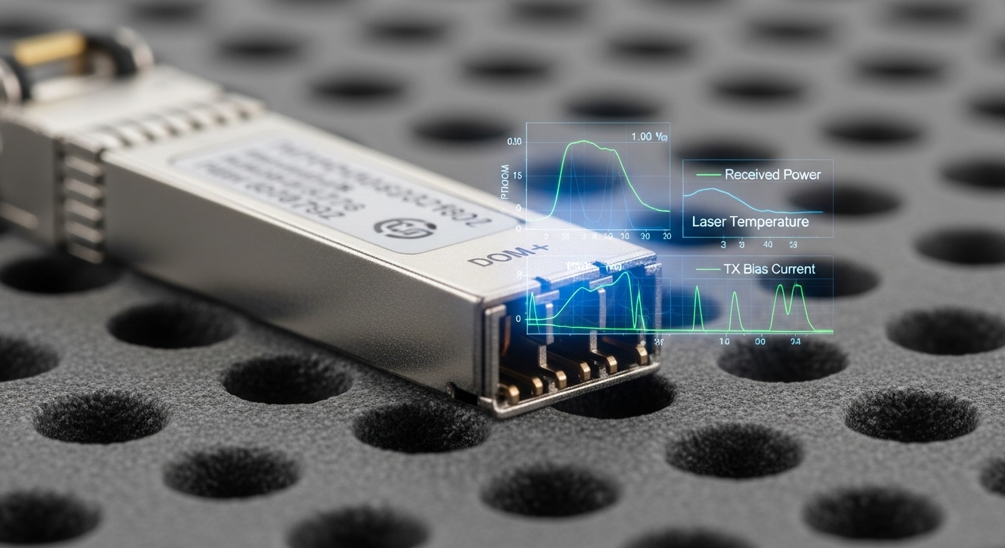 Ultra-realistic macro photography of a 10G SFP+ transceiver on an anti-static mat, DOM pins visible at the edge, with an over