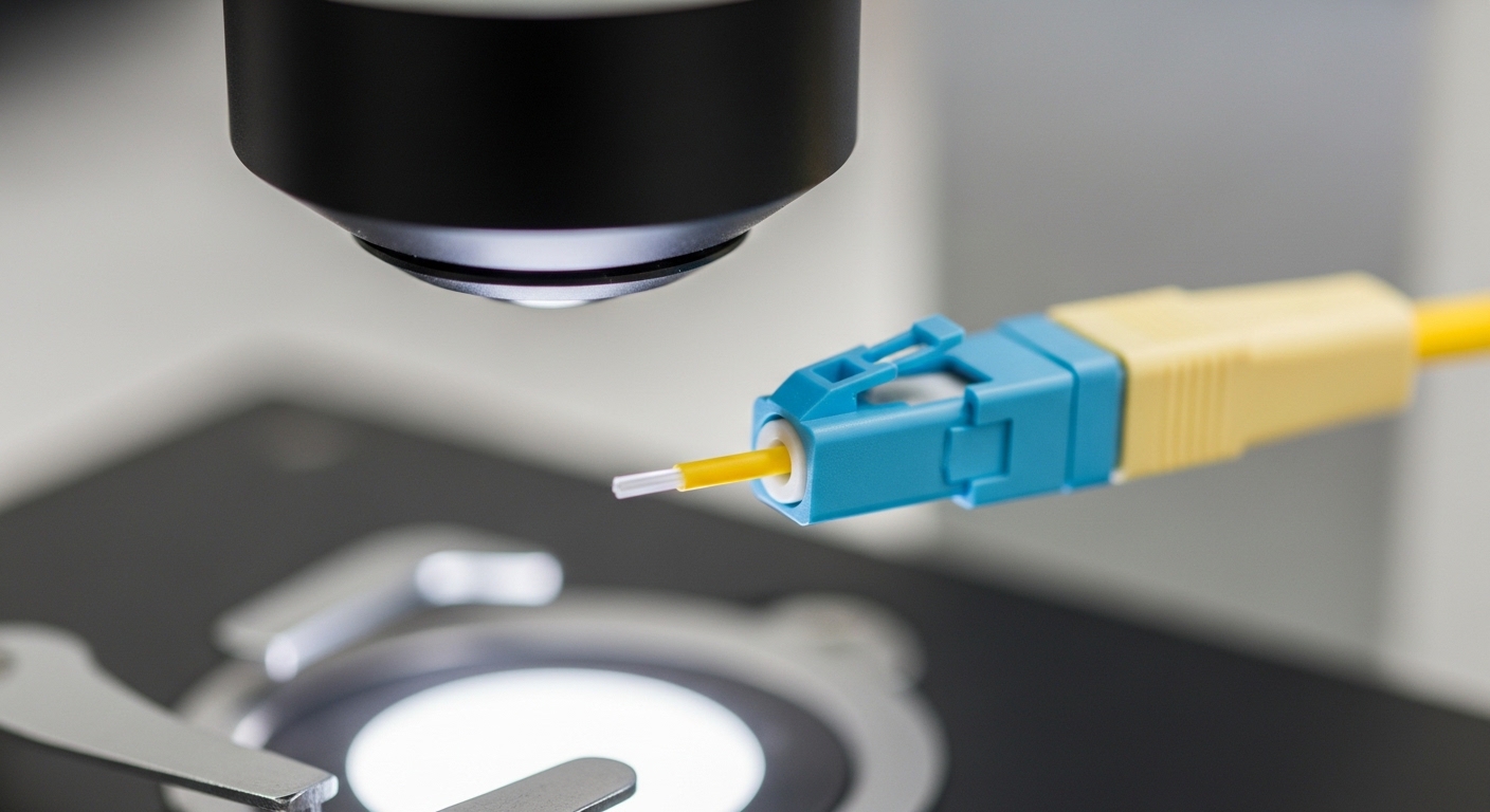 Close-up macro photography of an LC fiber connector end face on a benchtop fiber inspection microscope, showing crisp ferrule