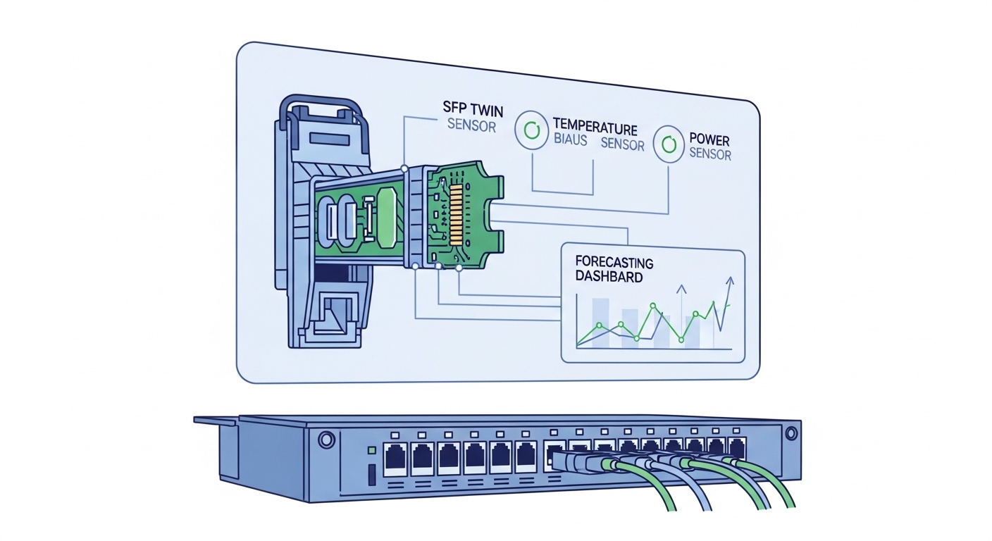 Clean vector illustration showing a “digital twin” layer hovering above a fiber patch panel; the SFP module is drawn in cutaw