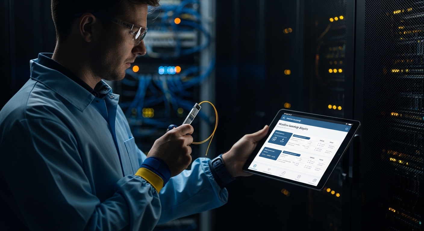 Moody lifestyle scene with a field engineer in a server room wearing ESD gear, holding a fiber cleaning kit and looking at a 
