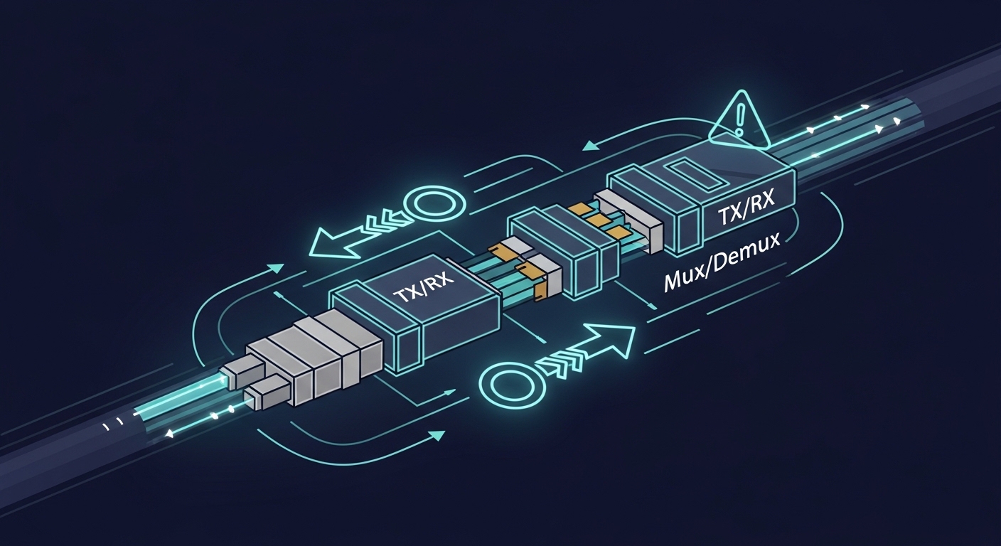 Illustrated concept art showing a secure fiber link network diagram with glowing quantum key arrows over a fiber cable, overl
