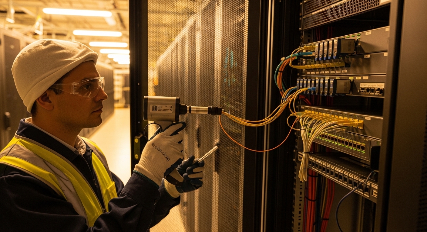 Photorealistic lifestyle scene in a data center aisle: an engineer in PPE holds a fiber inspection scope while standing next 