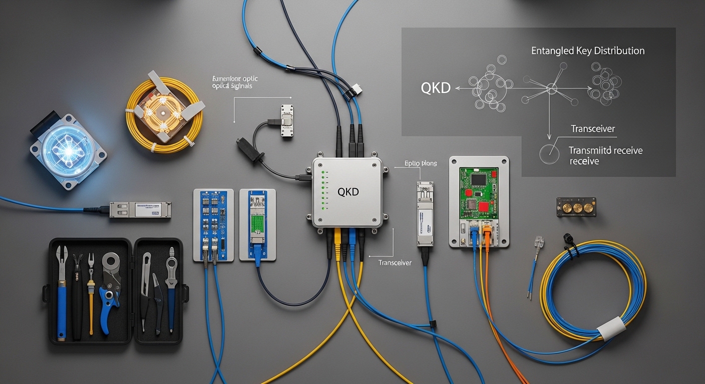 Overhead flat-lay composition of secure fiber link, Quantum Key Distribution (QKD) and Fiber Optics: Transceiver Role, styled