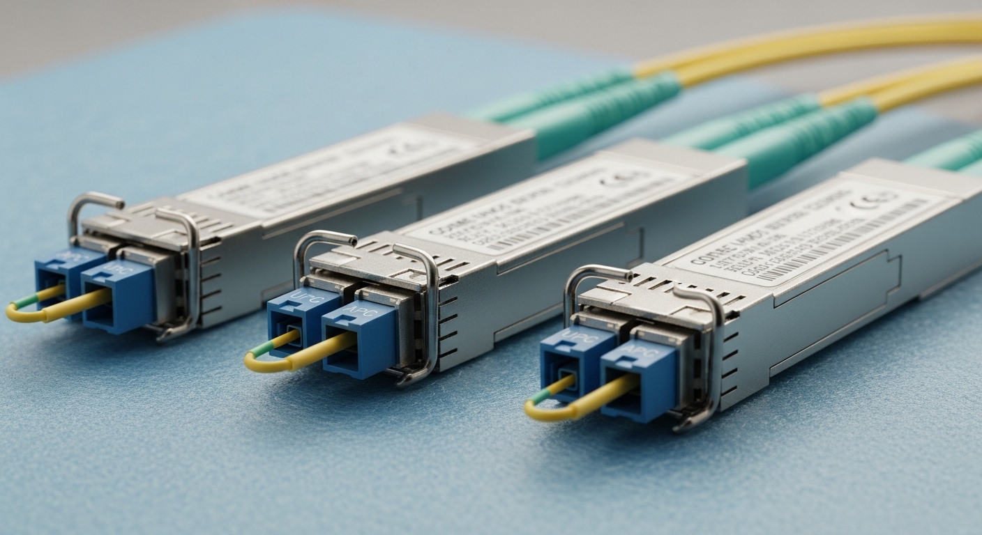 Photorealistic close-up of three SFP+ optical transceiver modules laid side-by-side on an anti-static mat; labels partially v