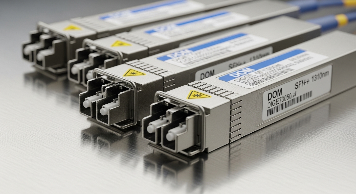 Macro photography of three fiber optic pluggable transceivers on a stainless workbench, angled close-up showing LC duplex con