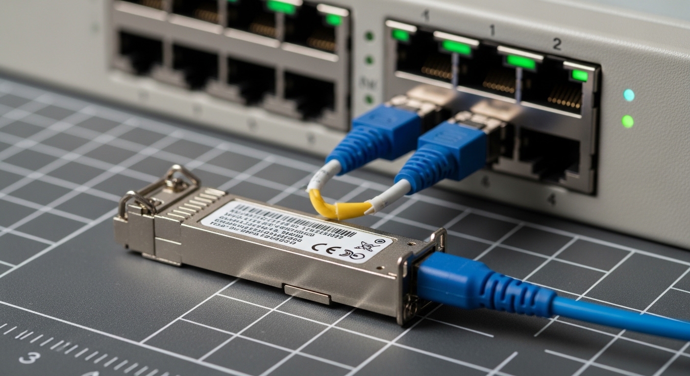 Macro photography of a fiber optic transceiver module on an ESD mat, label side up, with a fiber patch cable connected to a b