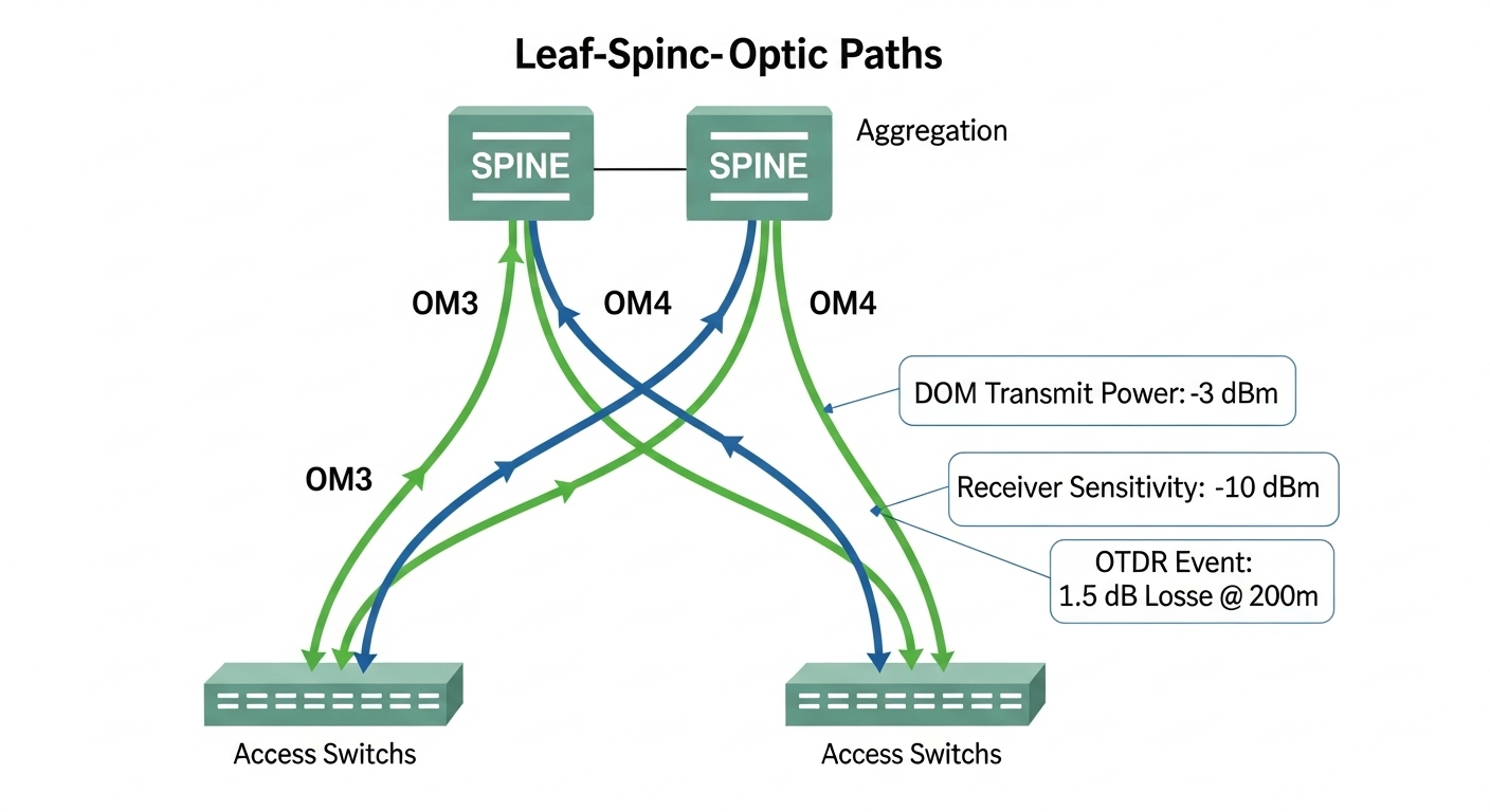 Clean illustration diagram showing a leaf-spine style fiber path from access switches to aggregation, with colored arrows rep