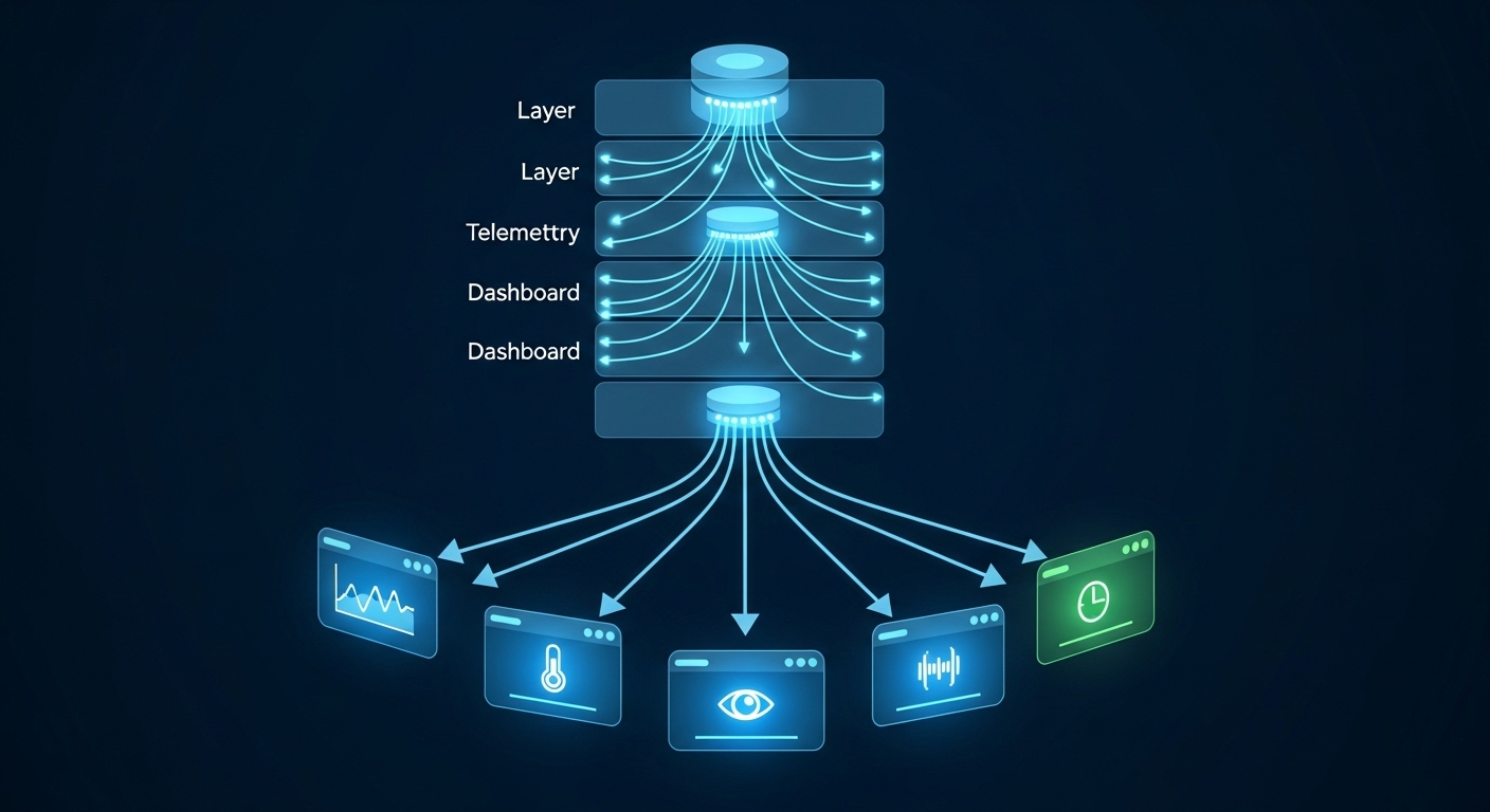 Conceptual illustration showing a three-layer stack diagram of optical transceiver internals (laser/driver, receiver/AFE, DOM