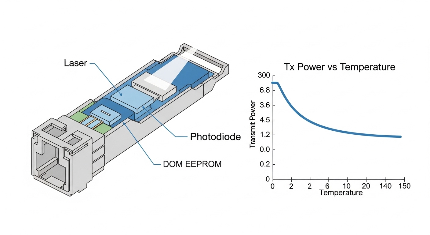 Conceptual illustration of an SFP+ module cross-section, with labeled laser, photodiode, and DOM EEPROM, overlaying a simple 