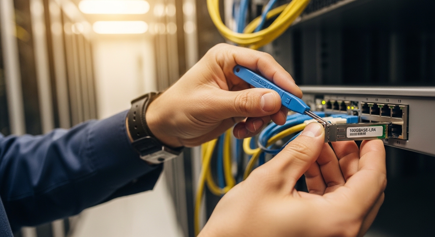 Lifestyle scene style in a server room: a technician wearing ESD wrist strap holds an LC duplex connector cleaning tool while