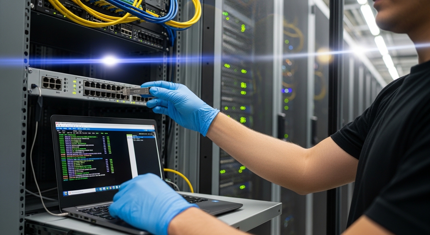 Photography style shot of a rack in a data center with a technician wearing ESD gloves swapping an SFP28 transceiver; laptop 