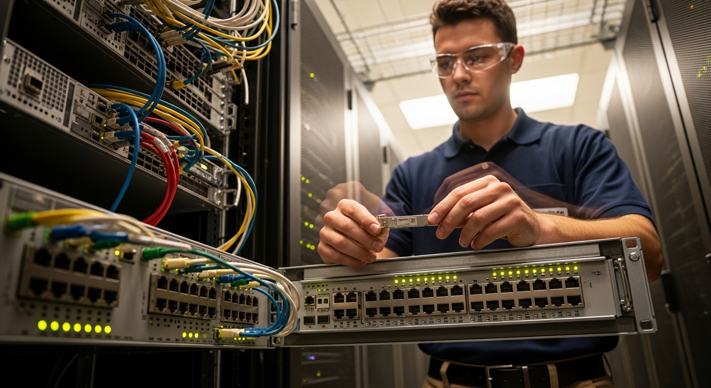 Low-angle lifestyle scene in a server room, engineer in safety glasses holding an SFP+ transceiver above an open switch chass
