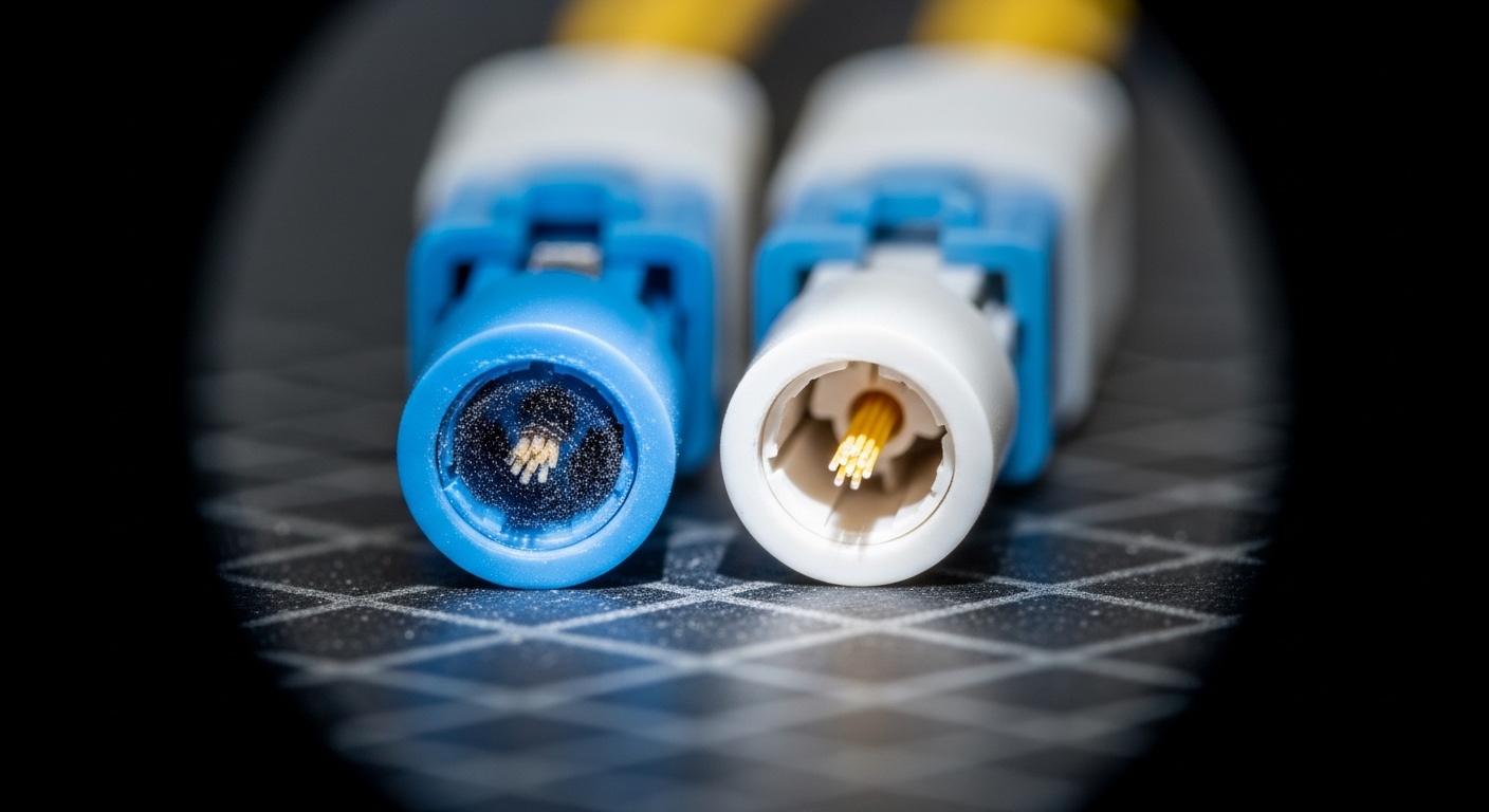 Photorealistic close-up of two fiber optic SC connector end faces under a handheld digital microscope, one connector end show