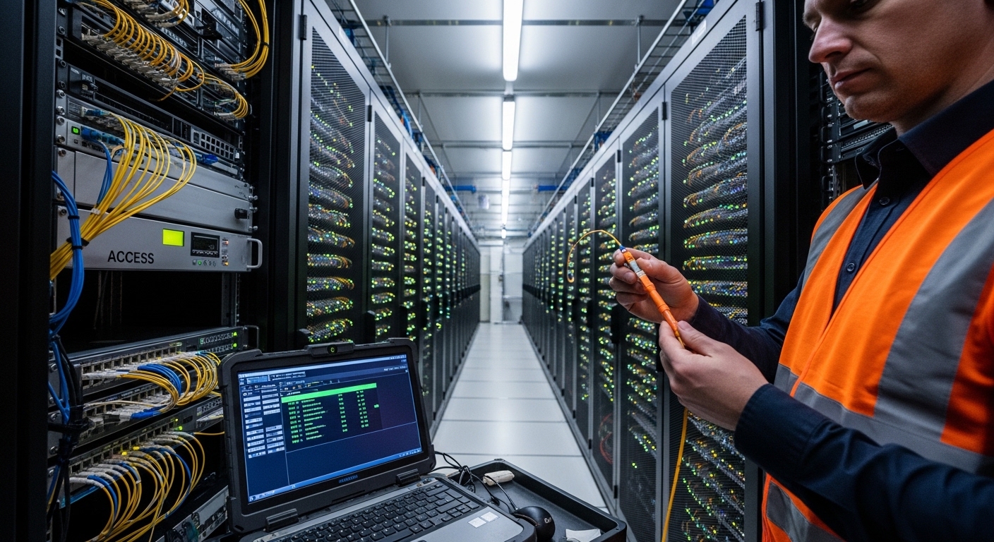 Wide-angle documentary photography of a data center aisle, showing two rack rows with fiber patch panels and an access switch