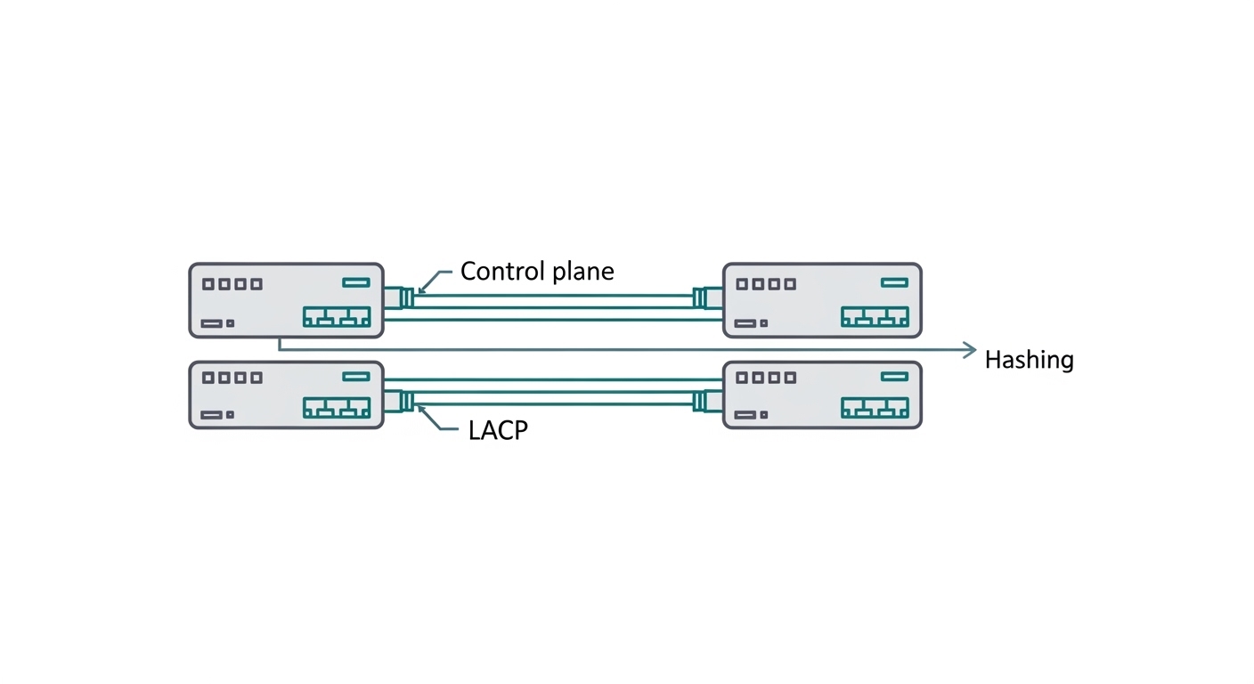 Clean vector-style illustration showing two switch icons connected by two parallel fiber links forming a LAG bundle. Arrows l