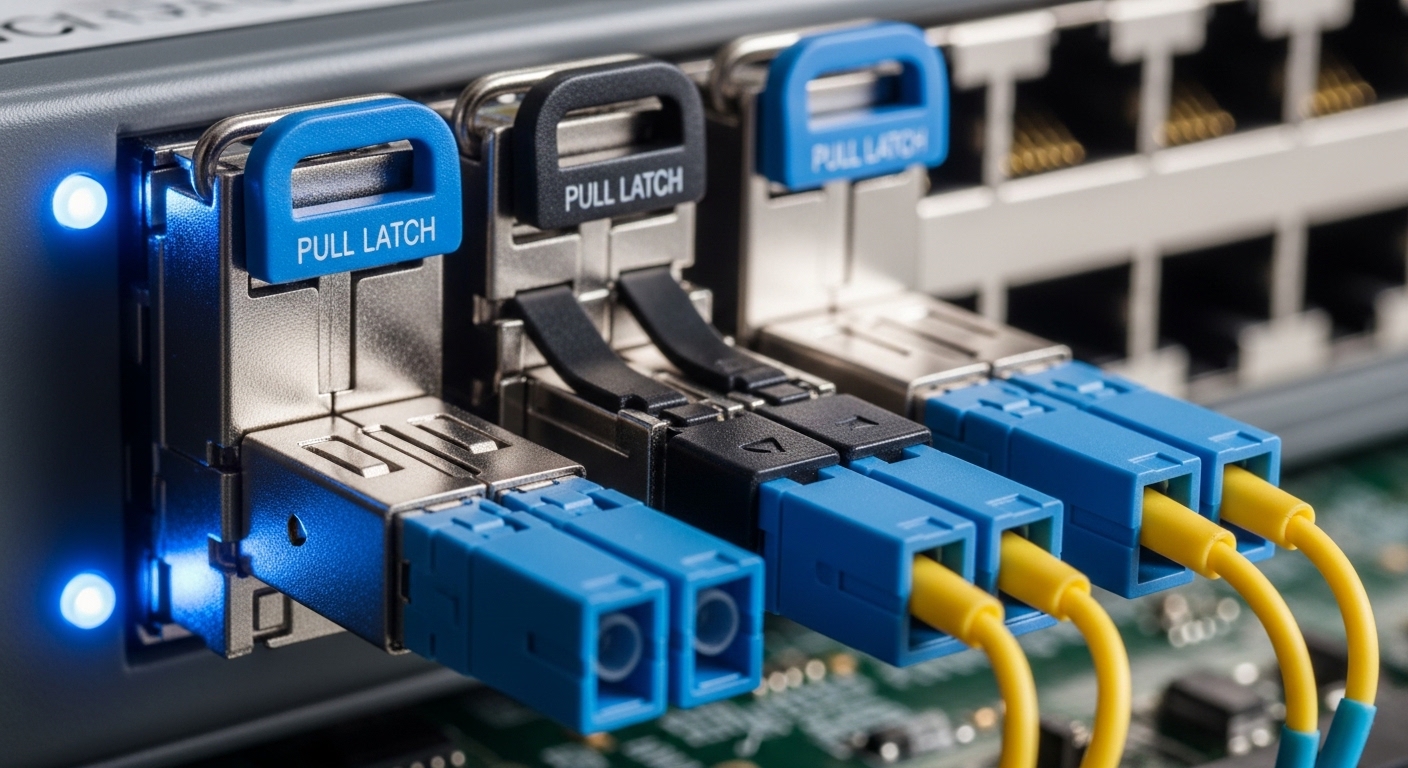 Macro photography of two SFP+ transceiver modules seated in a switch port cage, close-up of the metal latch and fiber connect