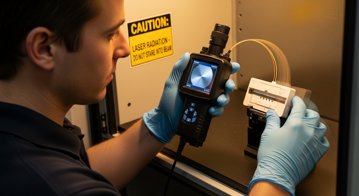 Lifestyle scene style showing a field technician in a fiber cabinet wearing ESD gloves, holding a handheld connector microsco