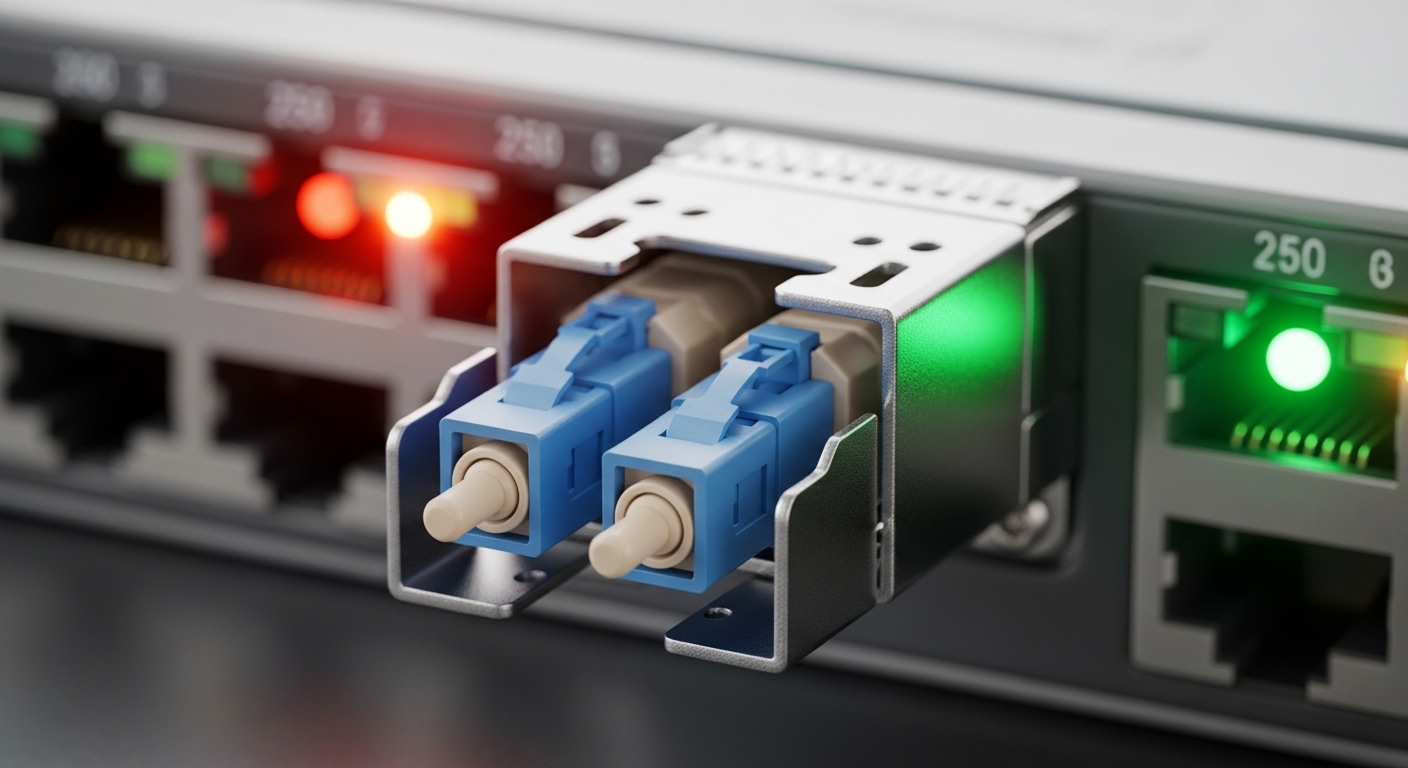Photorealistic close-up macro shot of an LC duplex fiber connector and transceiver cage inside a switch. Visible dust-free co