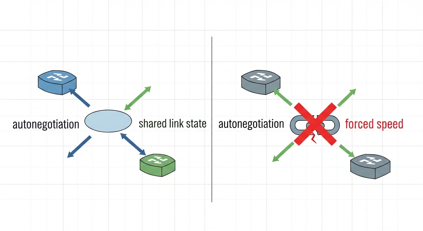 Clean vector illustration showing two network diagrams—one with arrows labeled “autonegotiation” converging on a shared link 